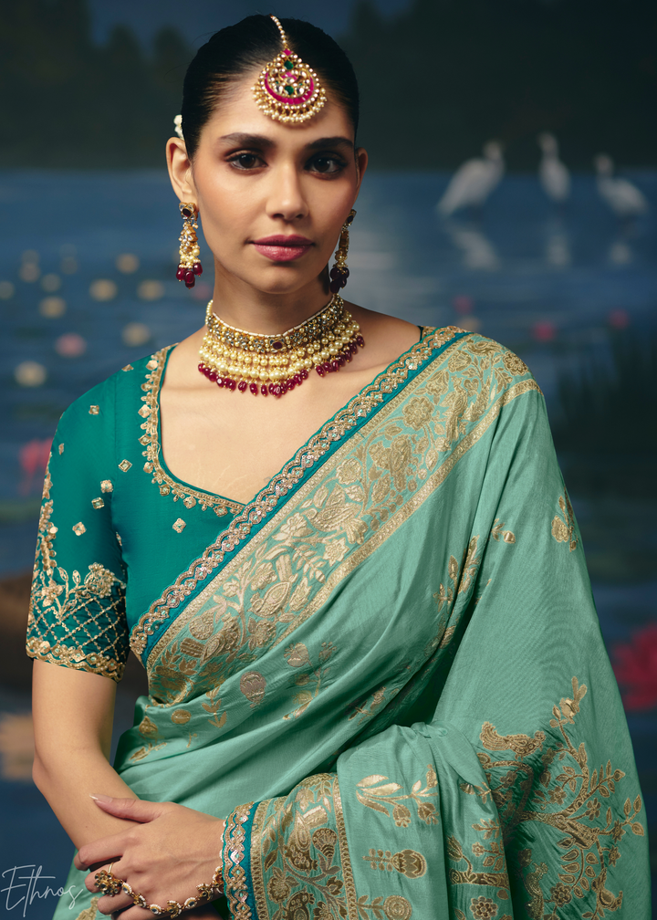 Mint Traditional Zari Woven Border Dola Silk Saree