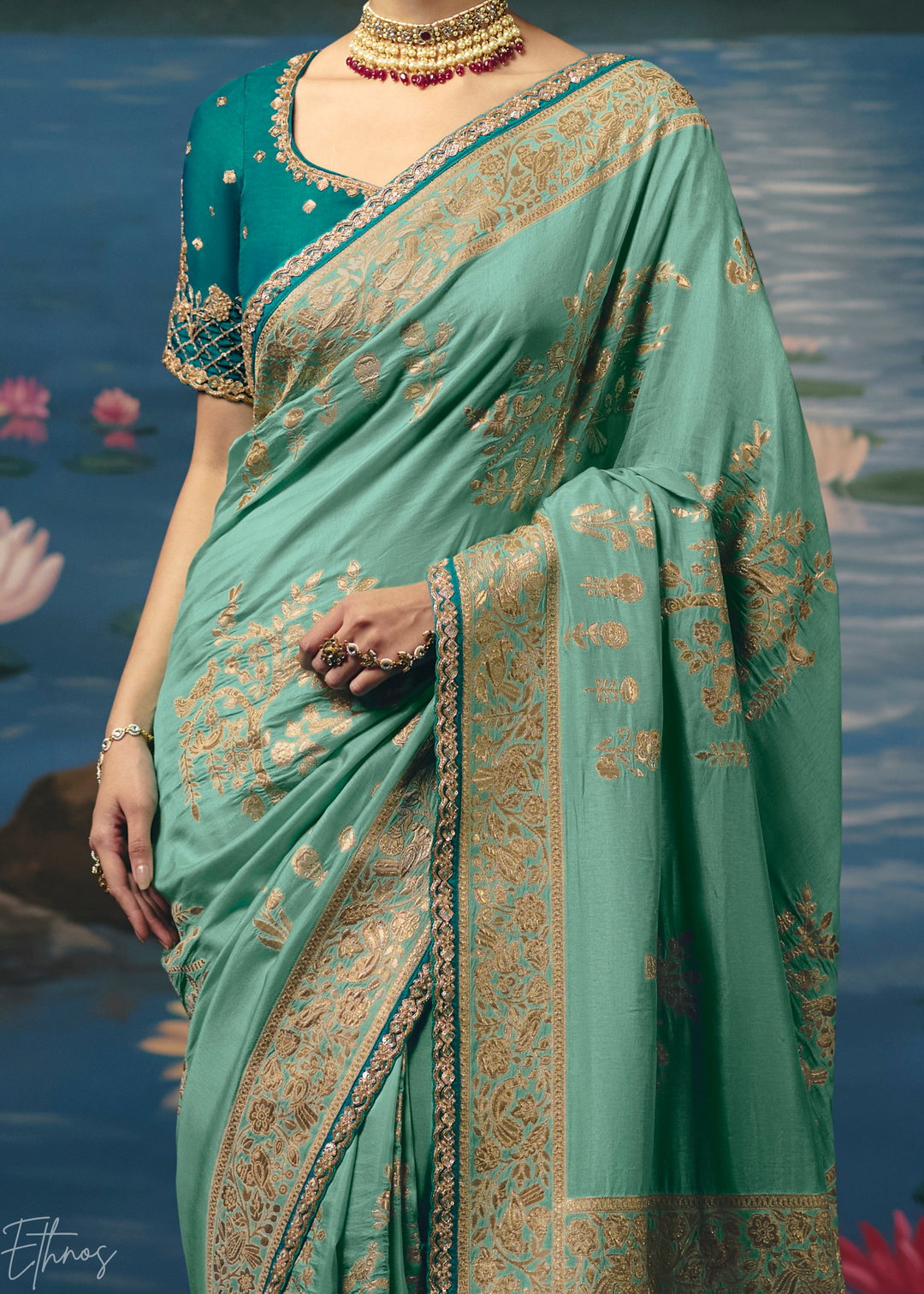 Mint Traditional Zari Woven Border Dola Silk Saree