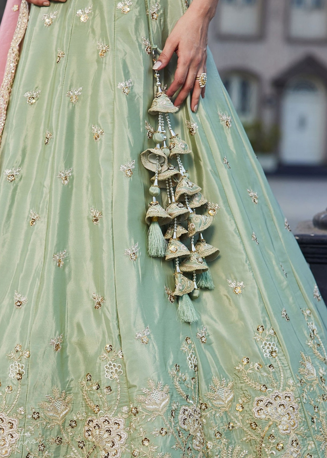 Mint Green Embroidered Scalloped-Border Silk Lehenga