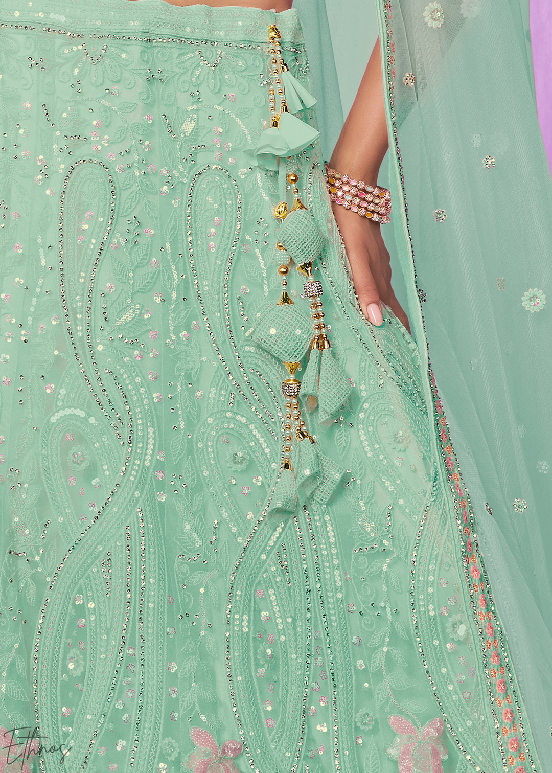 Mint Green Floral Embroidered Net Lehenga Choli Set