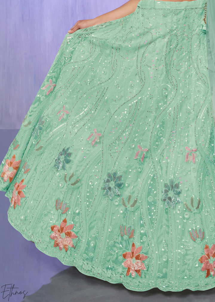 Mint Green Floral Embroidered Net Lehenga Choli Set