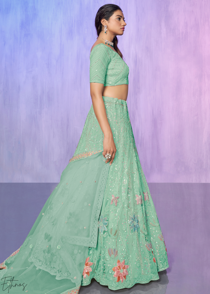 Mint Green Floral Embroidered Net Lehenga Choli Set
