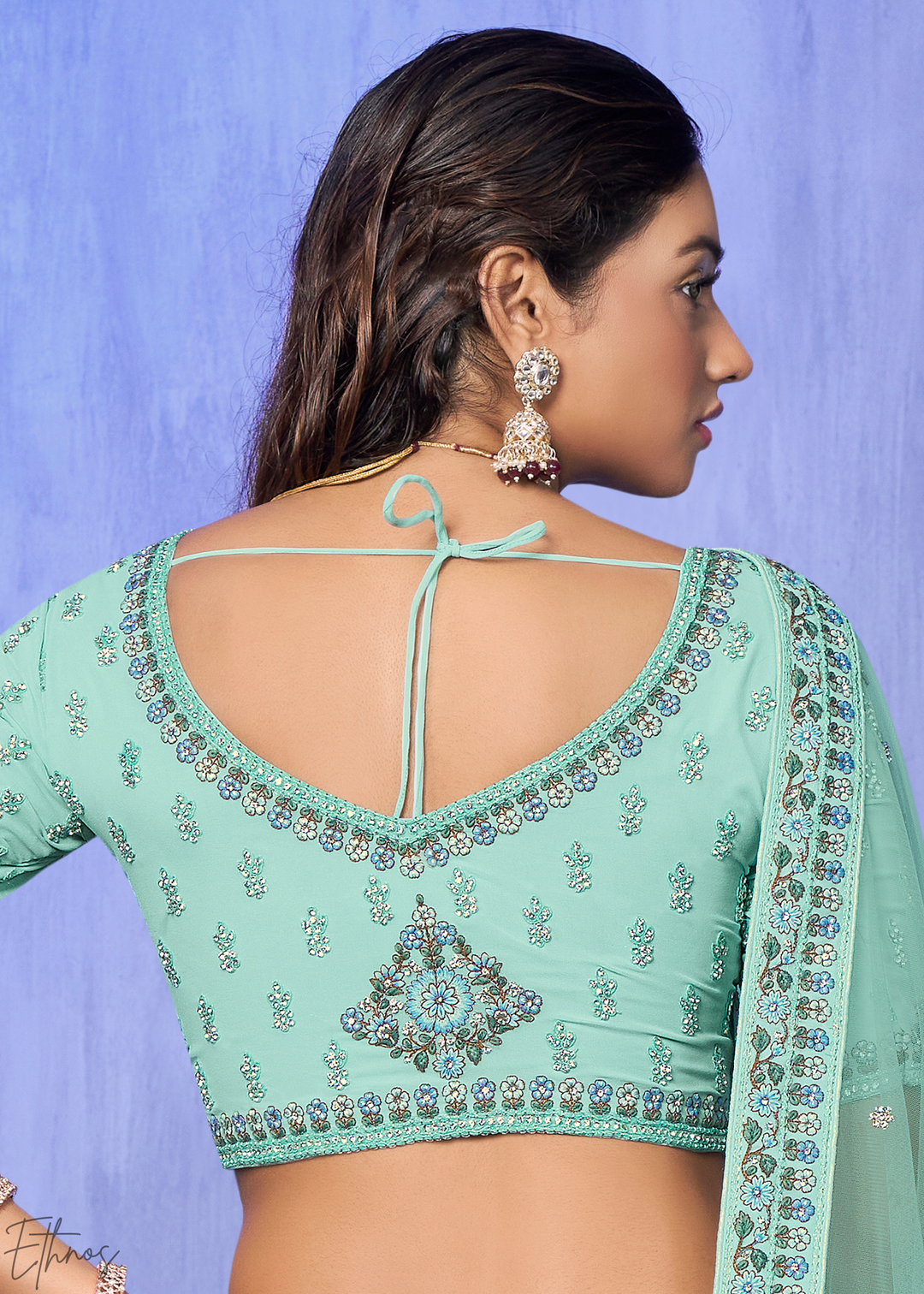 Mint Green Floral & Paisley Embroidered Georgette Lehenga Choli Set