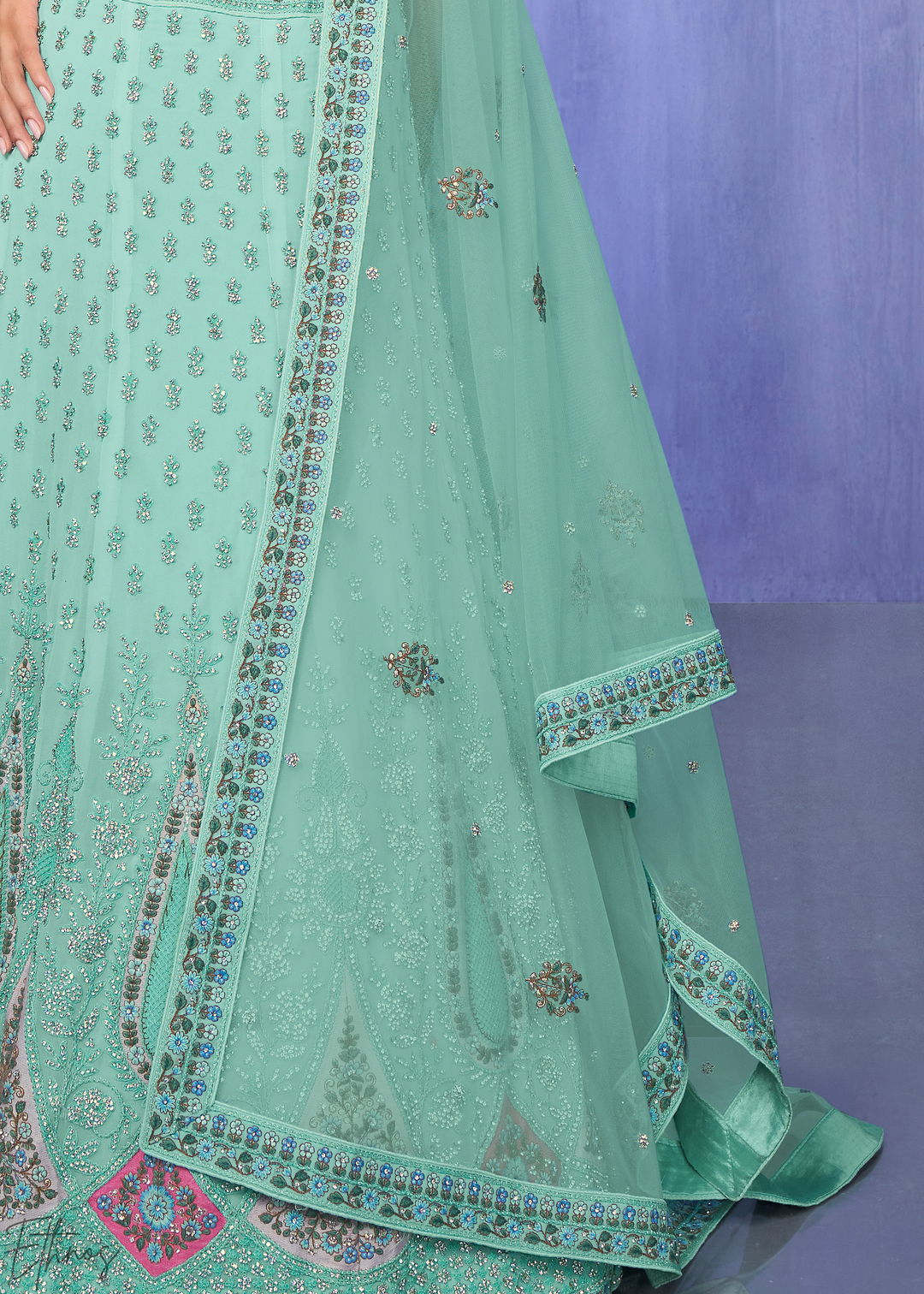 Mint Green Floral & Paisley Embroidered Georgette Lehenga Choli Set
