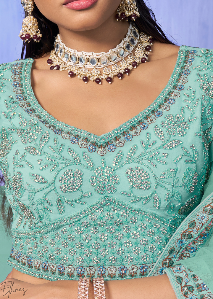 Mint Green Floral & Paisley Embroidered Georgette Lehenga Choli Set