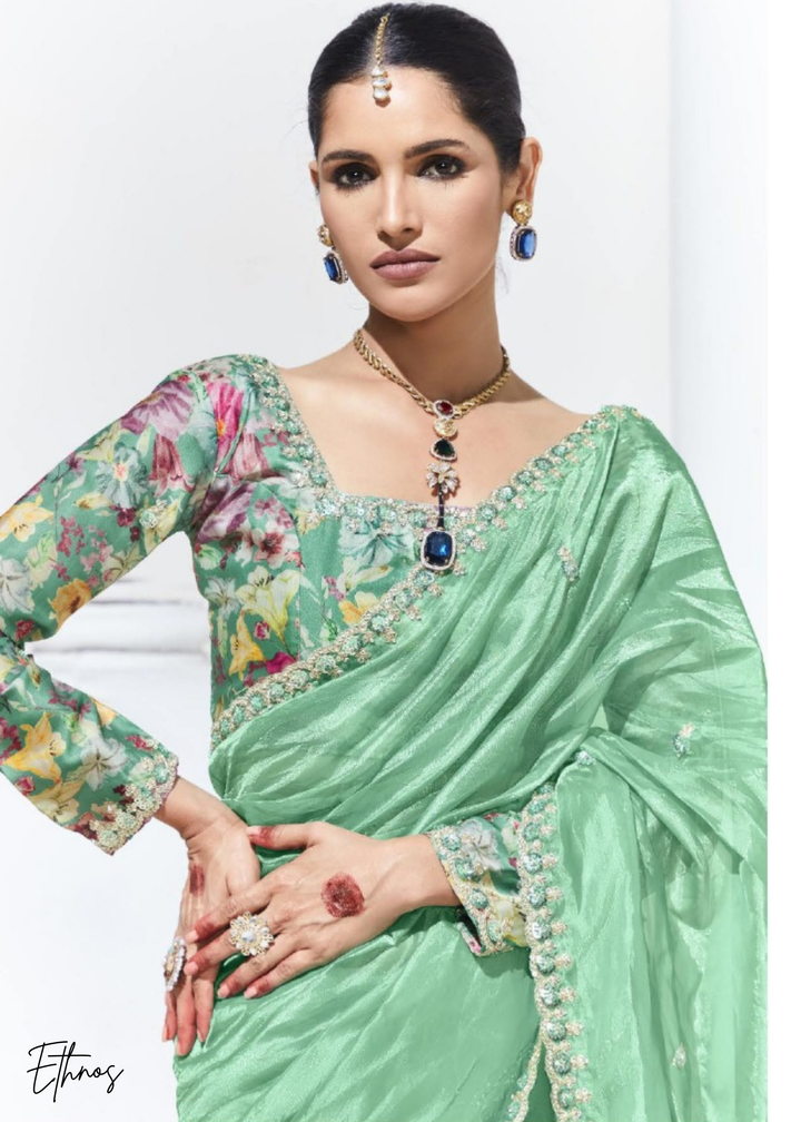 Mint Green Glass Tissue Organza Saree