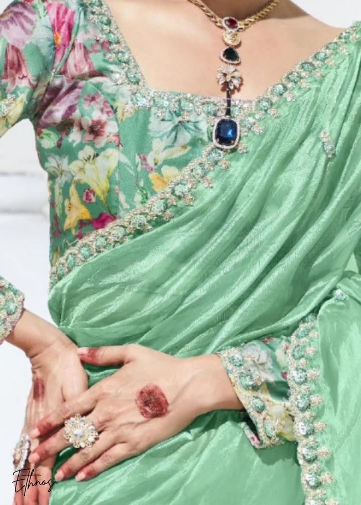 Mint Green Glass Tissue Organza Saree