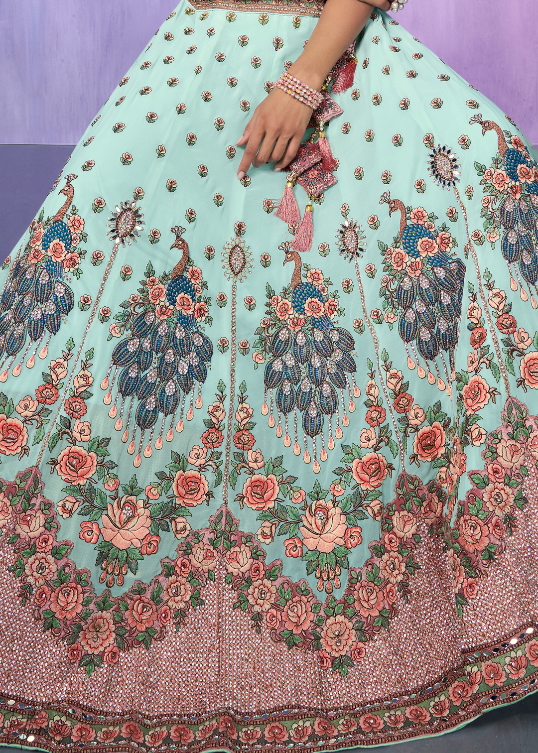 Mint Green & Pink Peacock Floral Embroidered Velvet Lehenga Choli