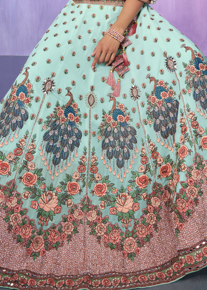 Mint Green & Pink Peacock Floral Embroidered Velvet Lehenga Choli