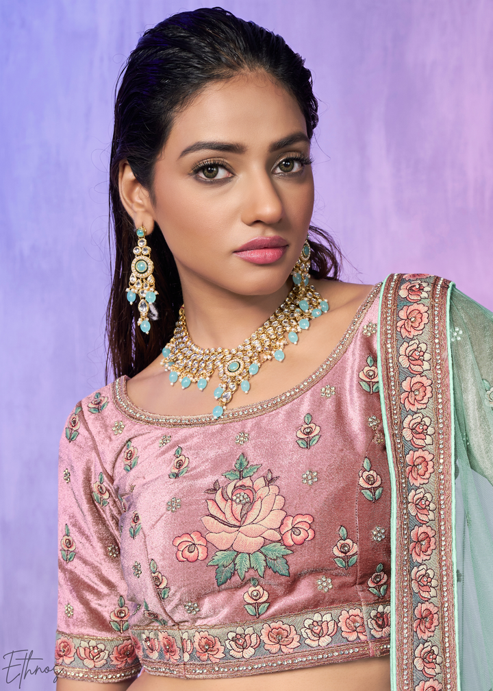 Mint Green & Pink Peacock Floral Embroidered Velvet Lehenga Choli