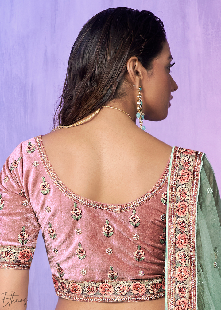 Mint Green & Pink Peacock Floral Embroidered Velvet Lehenga Choli