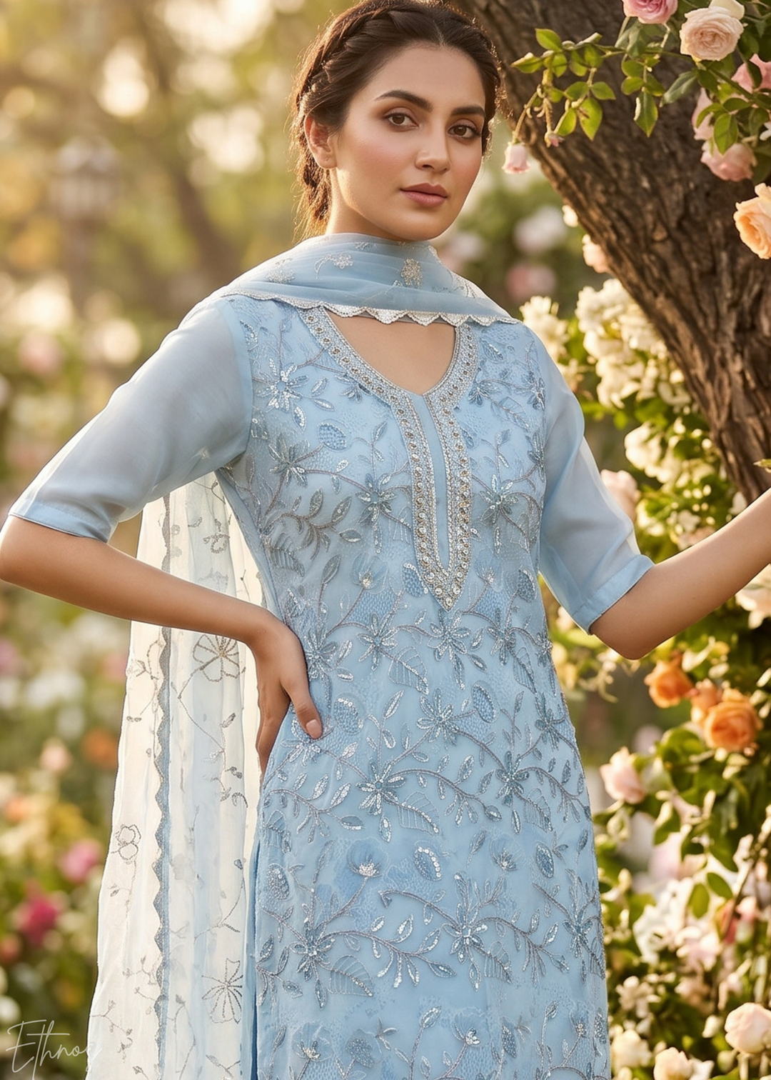 Pastel Blue Vines-Embroidered Chinon Palazzo Suit