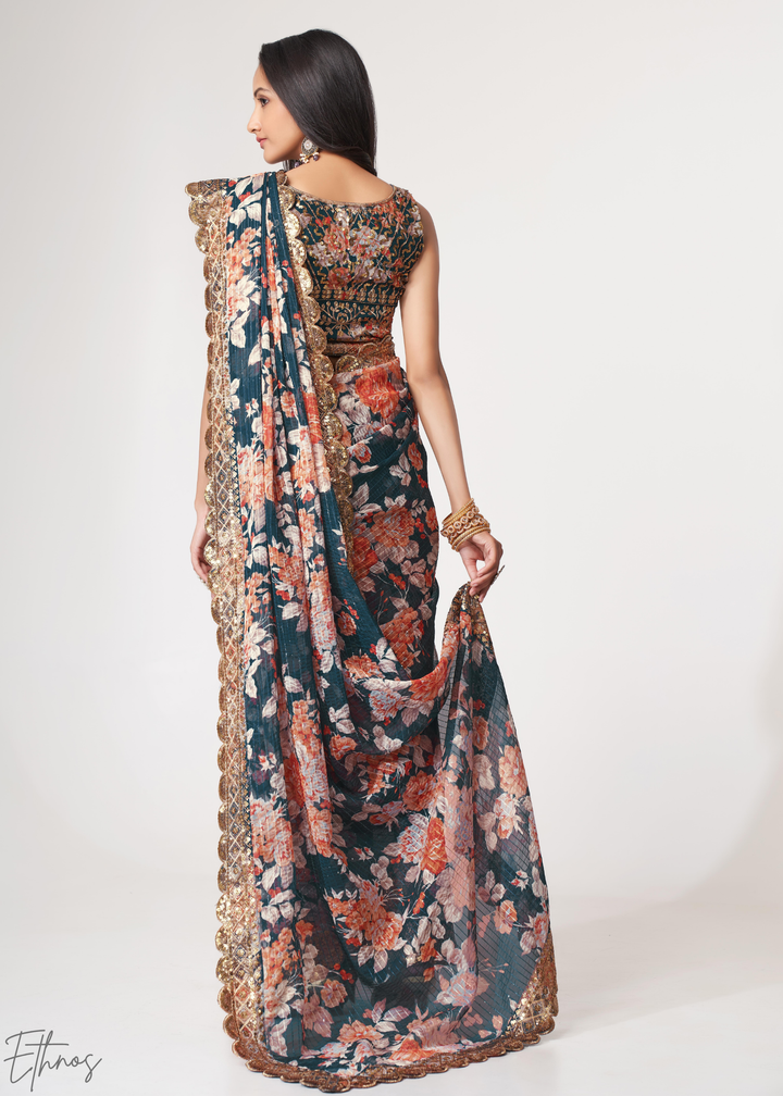 Moody Blue Rose Floral Print Organza Saree