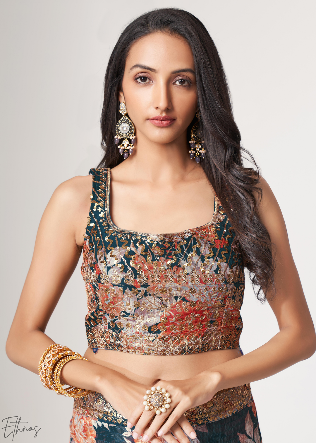 Moody Blue Rose Floral Print Organza Saree