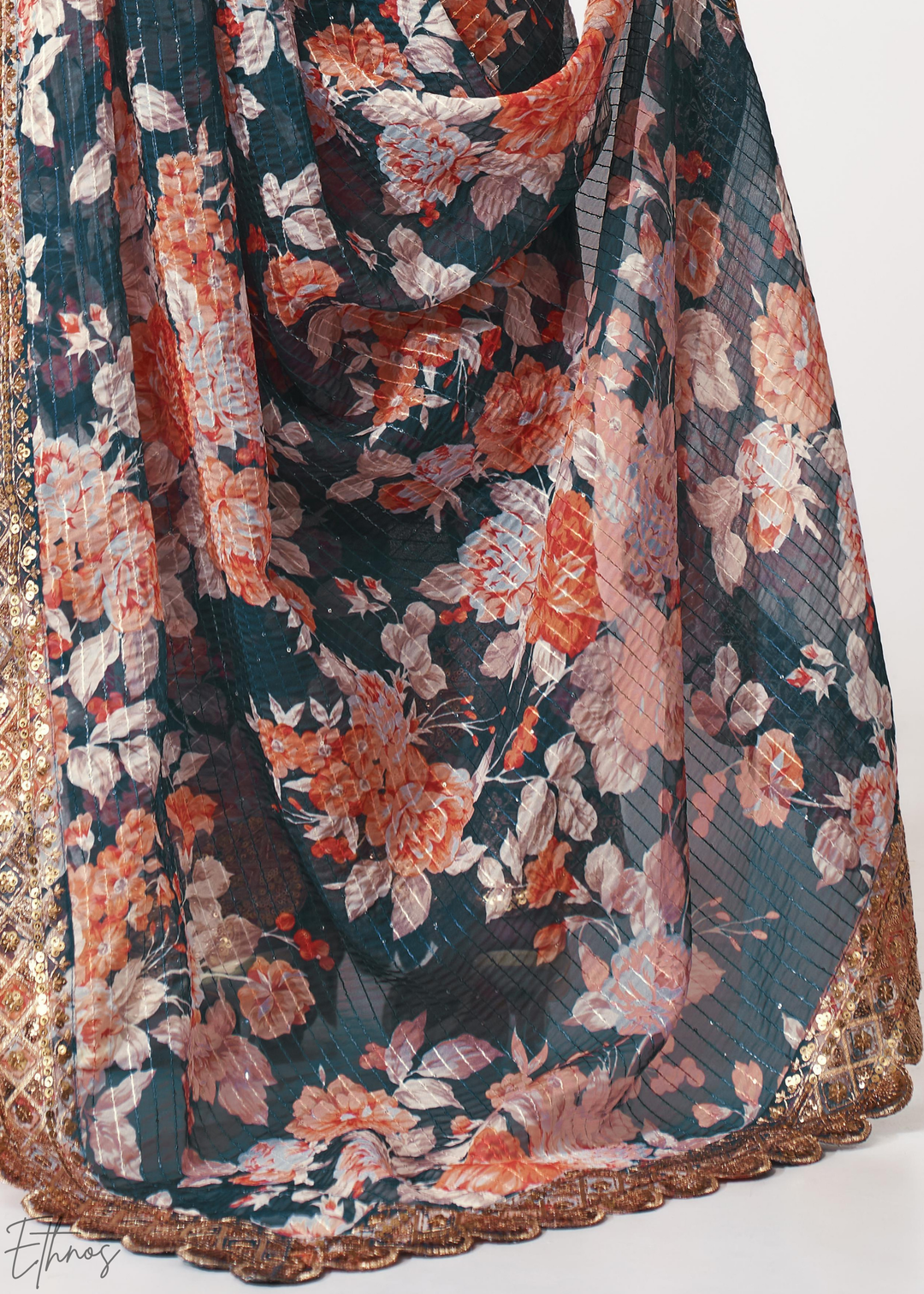 Moody Blue Rose Floral Print Organza Saree