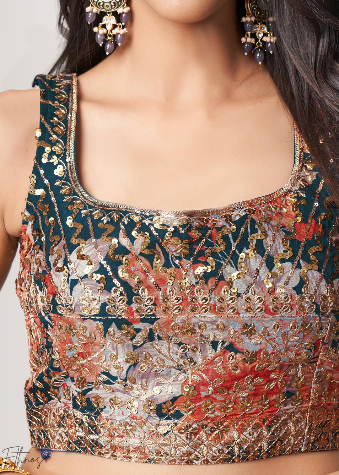 Moody Blue Rose Floral Print Organza Saree