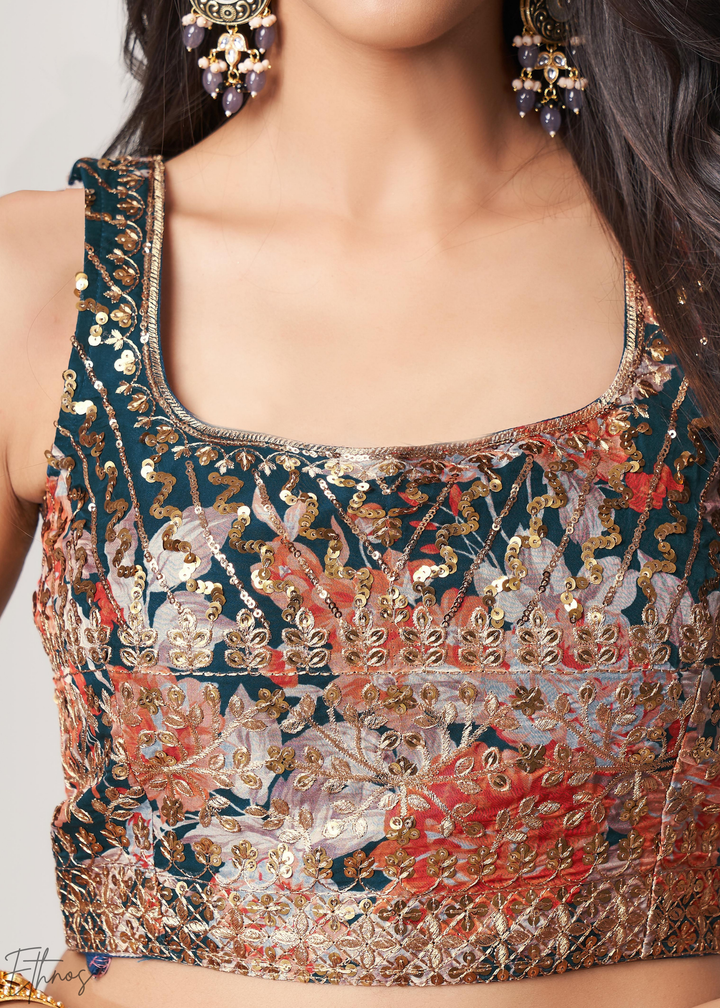 Moody Blue Rose Floral Print Organza Saree