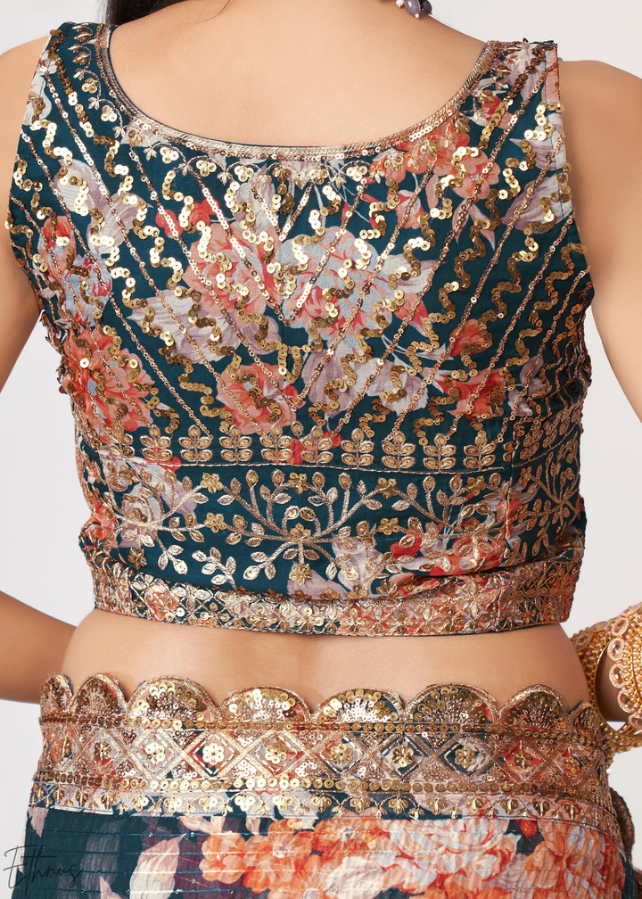 Moody Blue Rose Floral Print Organza Saree
