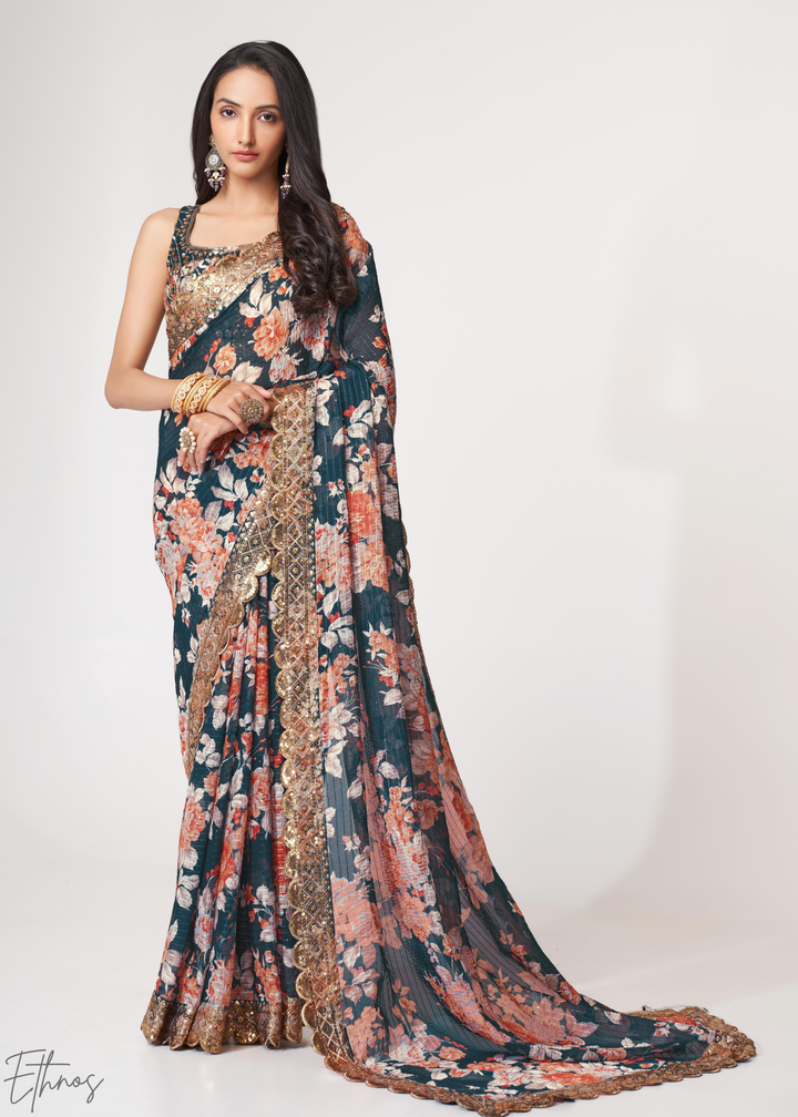 Moody Blue Rose Floral Print Organza Saree