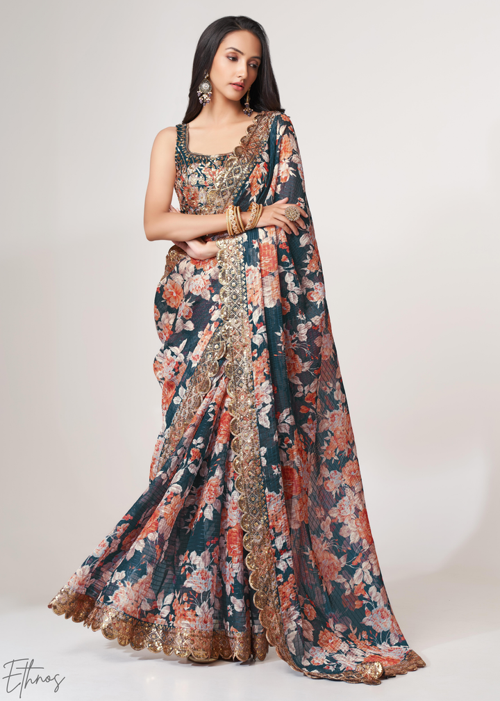 Moody Blue Rose Floral Print Organza Saree