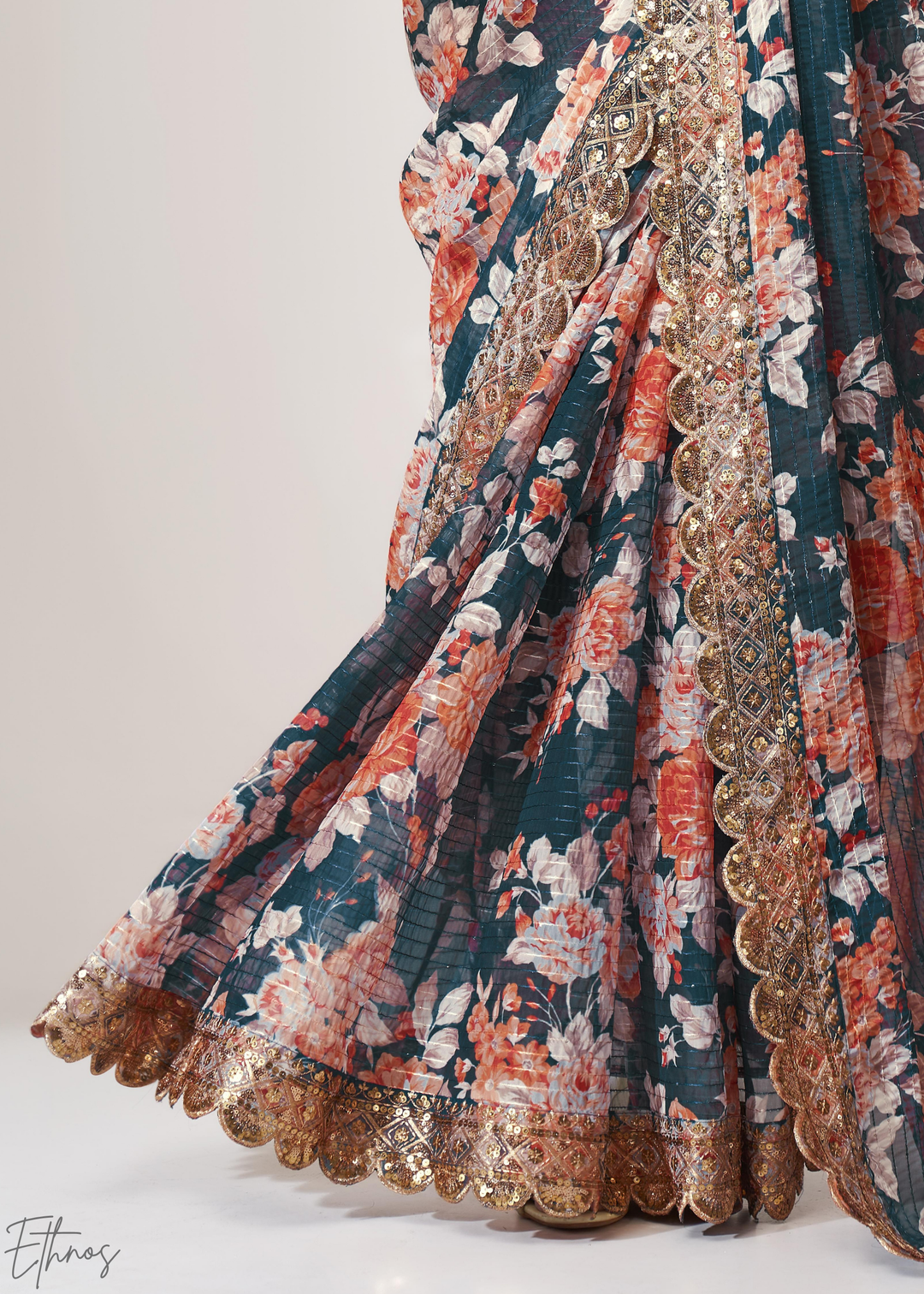 Moody Blue Rose Floral Print Organza Saree