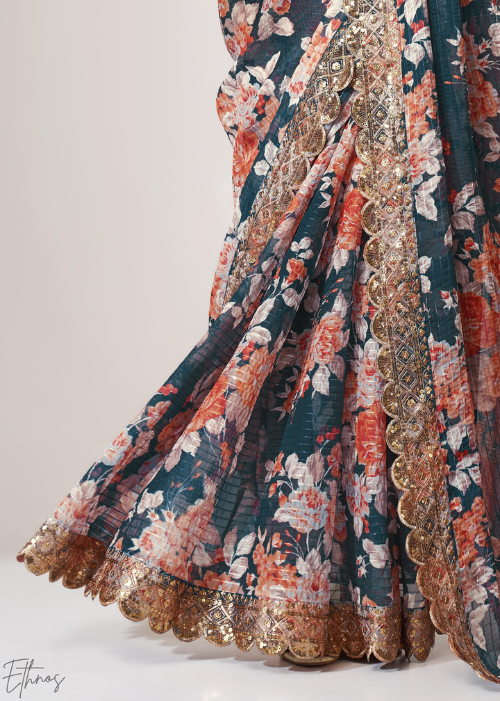 Moody Blue Rose Floral Print Organza Saree