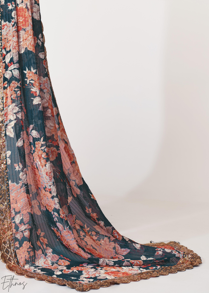 Moody Blue Rose Floral Print Organza Saree