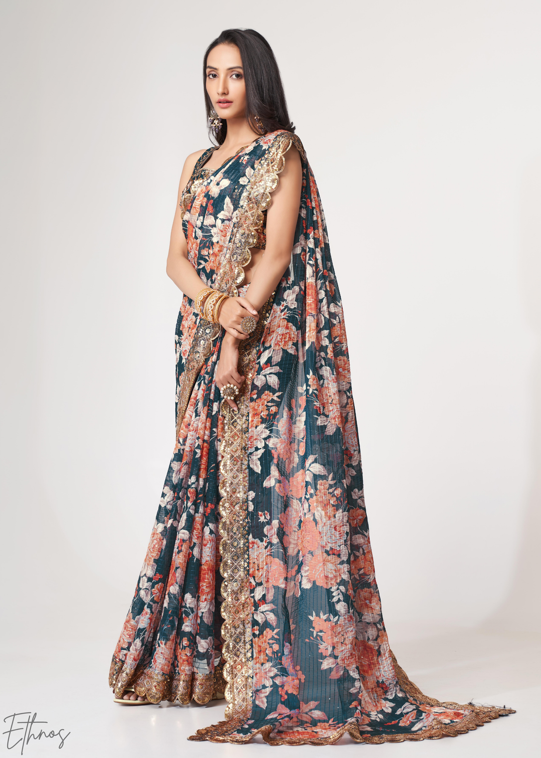 Moody Blue Rose Floral Print Organza Saree