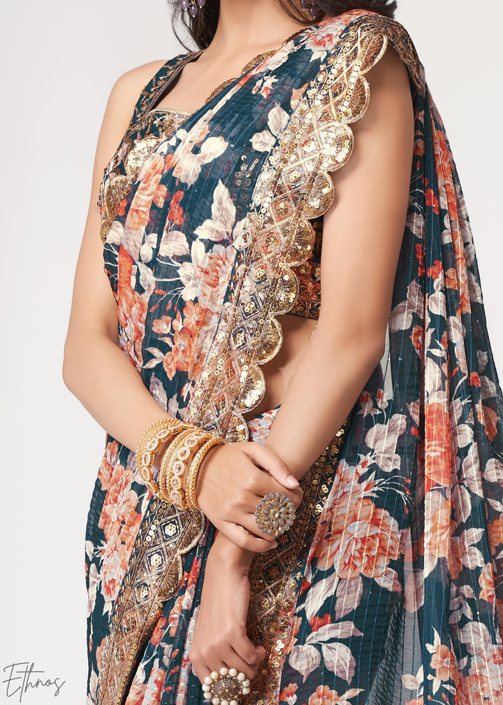 Moody Blue Rose Floral Print Organza Saree