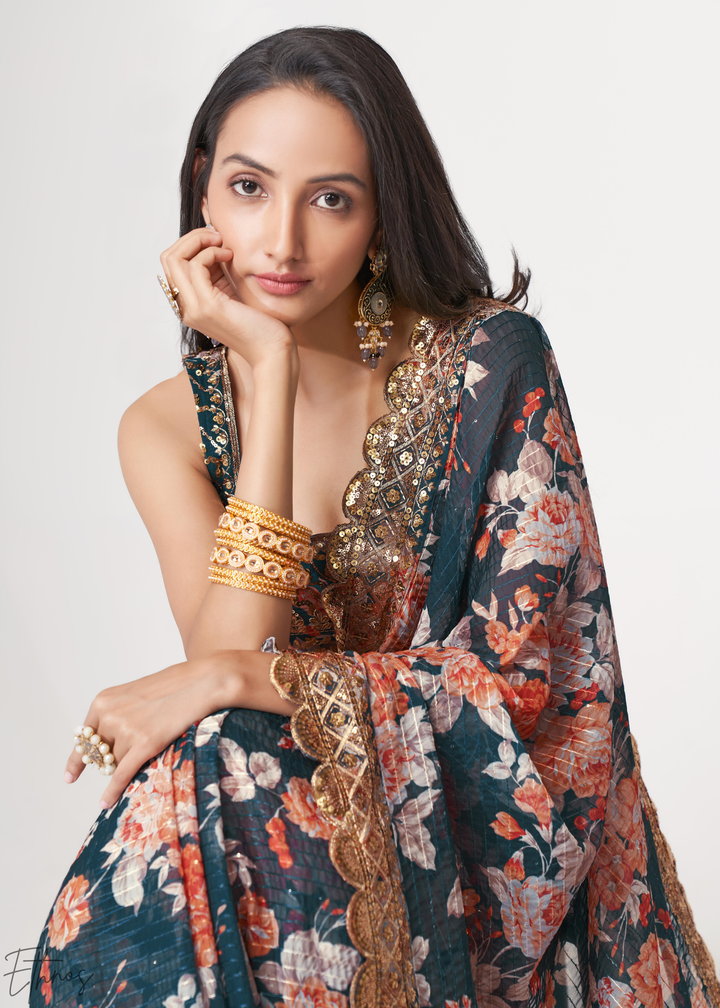 Moody Blue Rose Floral Print Organza Saree