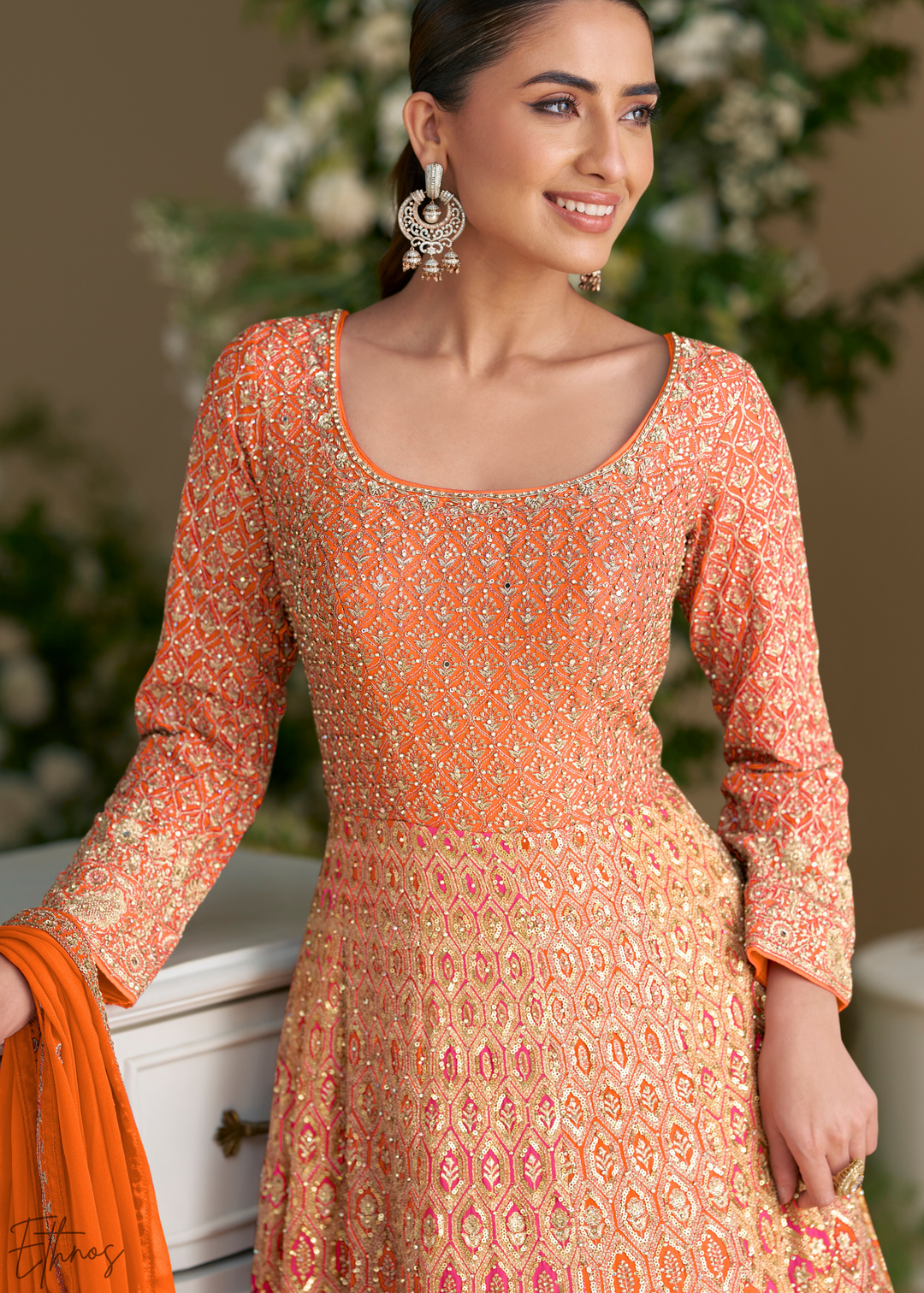 Morganite Prism Aura Crystal-Encrusted Georgette Gown Set