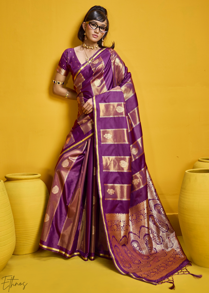 Mulberry Gold-Infused Jacquard Satin Silk Saree