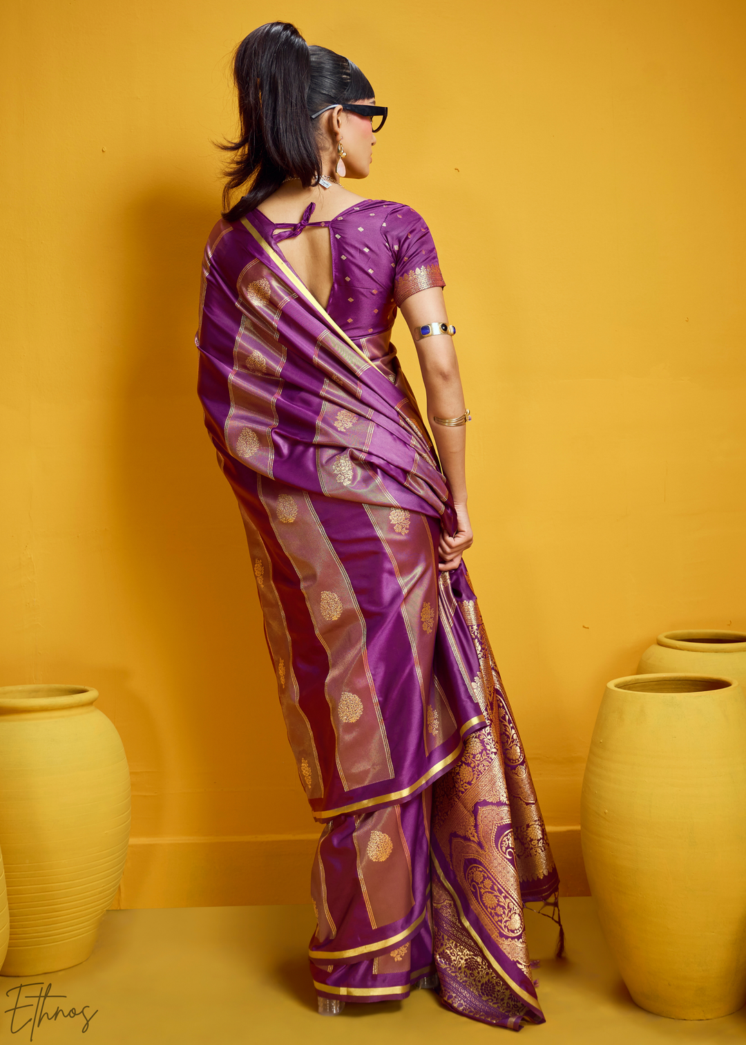 Mulberry Gold-Infused Jacquard Satin Silk Saree