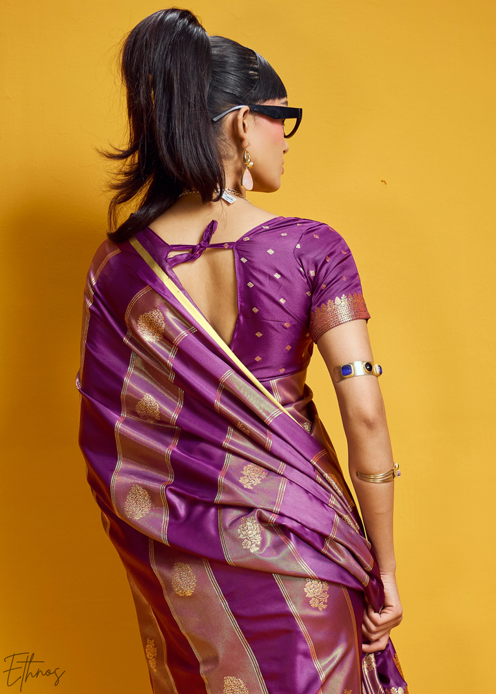 Mulberry Gold-Infused Jacquard Satin Silk Saree
