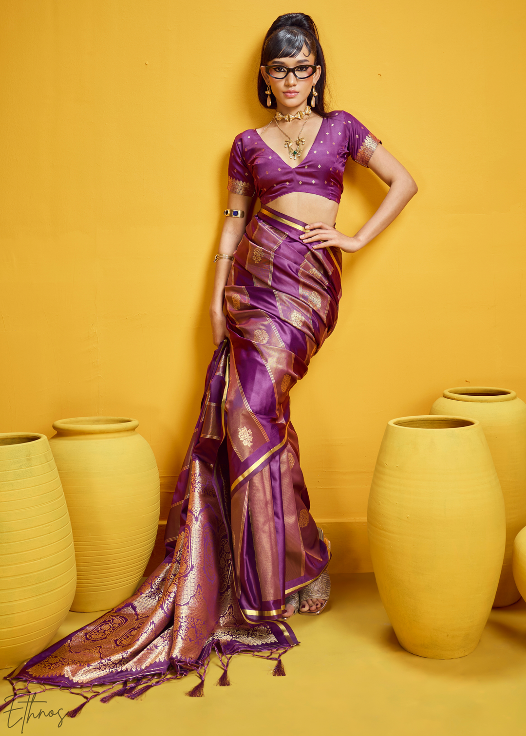 Mulberry Gold-Infused Jacquard Satin Silk Saree