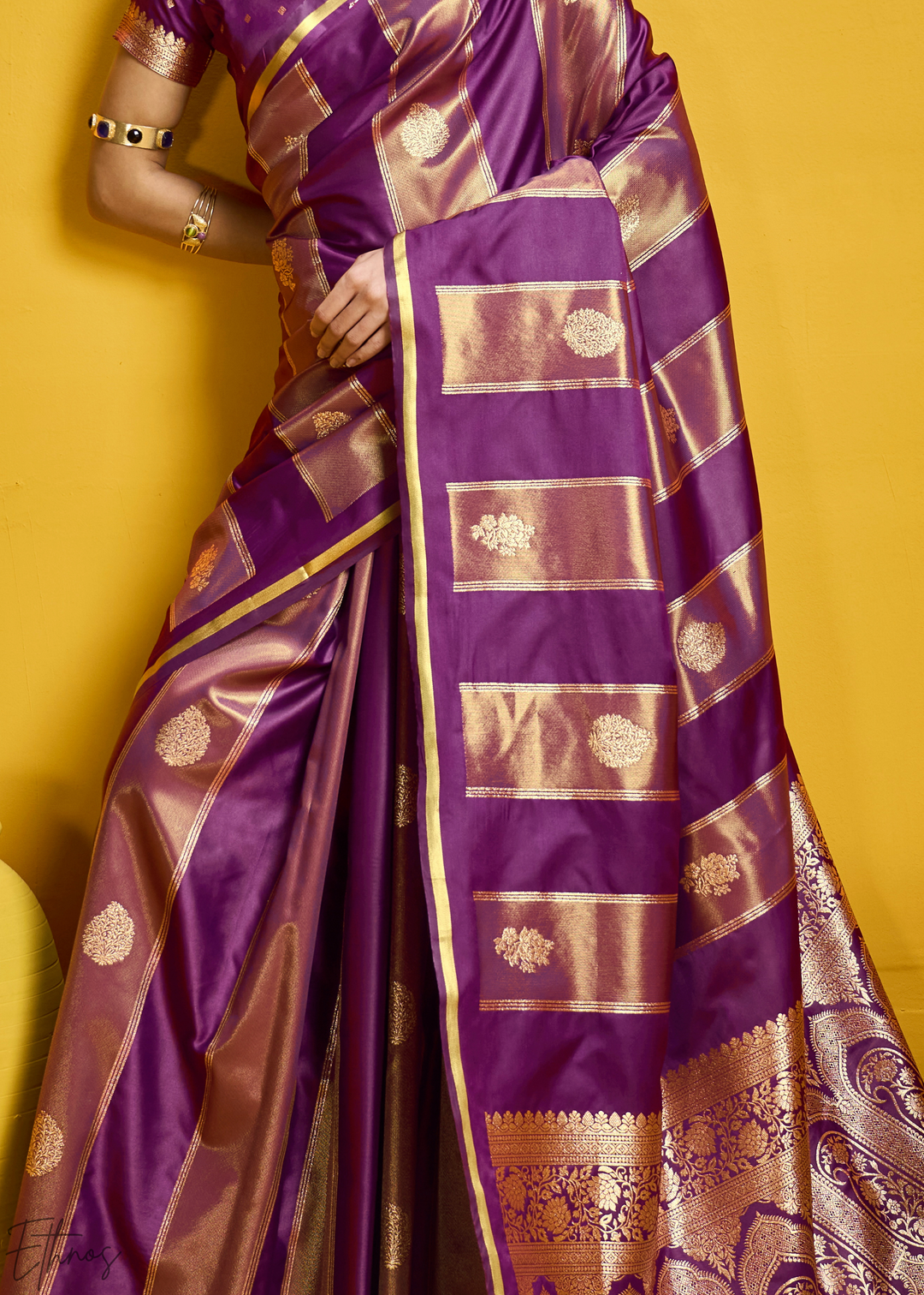 Mulberry Gold-Infused Jacquard Satin Silk Saree