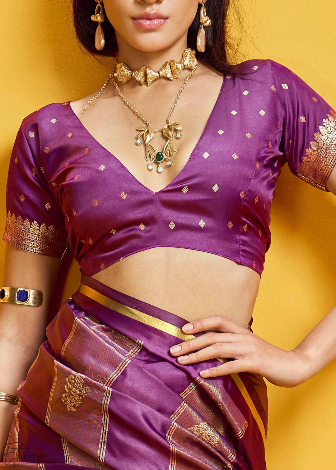Mulberry Gold-Infused Jacquard Satin Silk Saree
