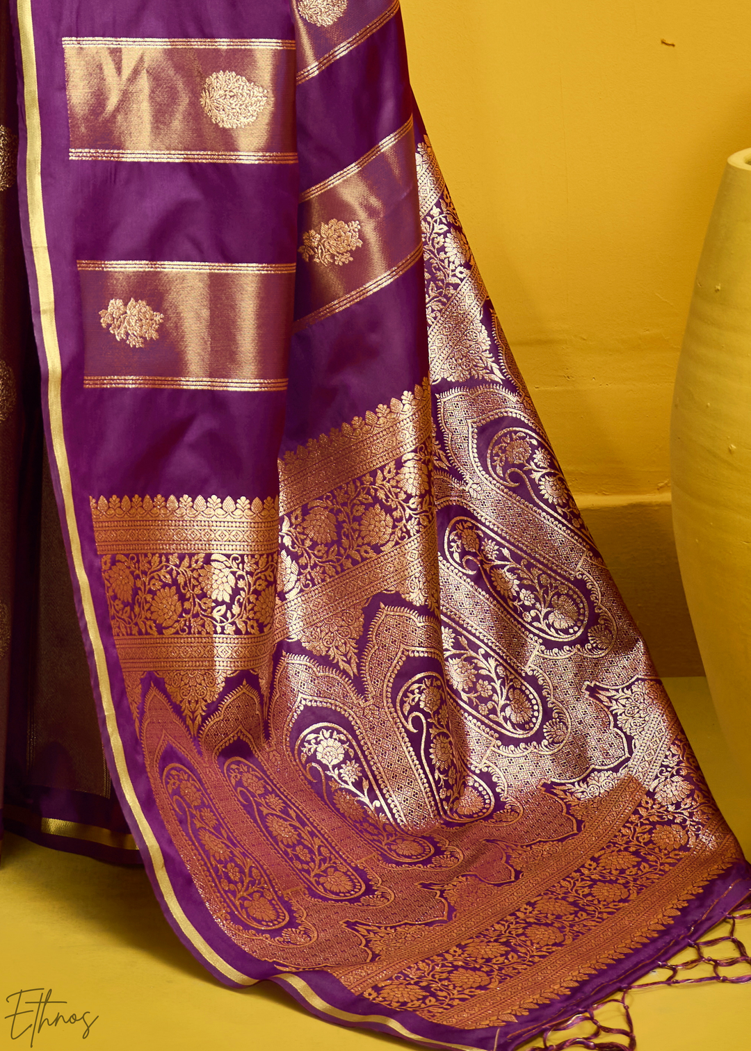 Mulberry Gold-Infused Jacquard Satin Silk Saree