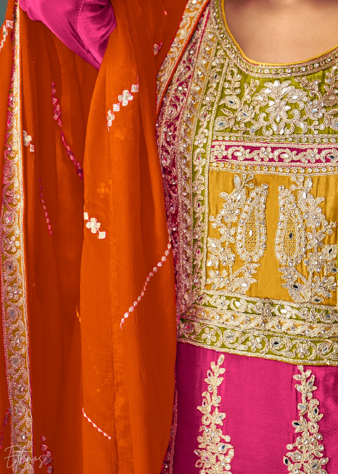 Multi-Colored Fuchsia Embroidered Chinon Sharara Suit