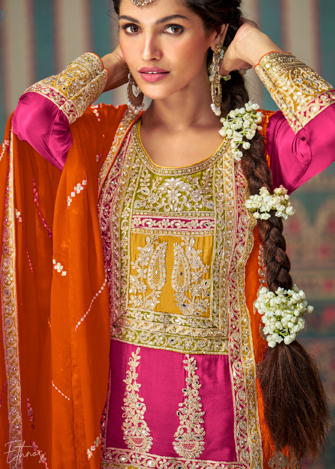 Multi-Colored Fuchsia Embroidered Chinon Sharara Suit