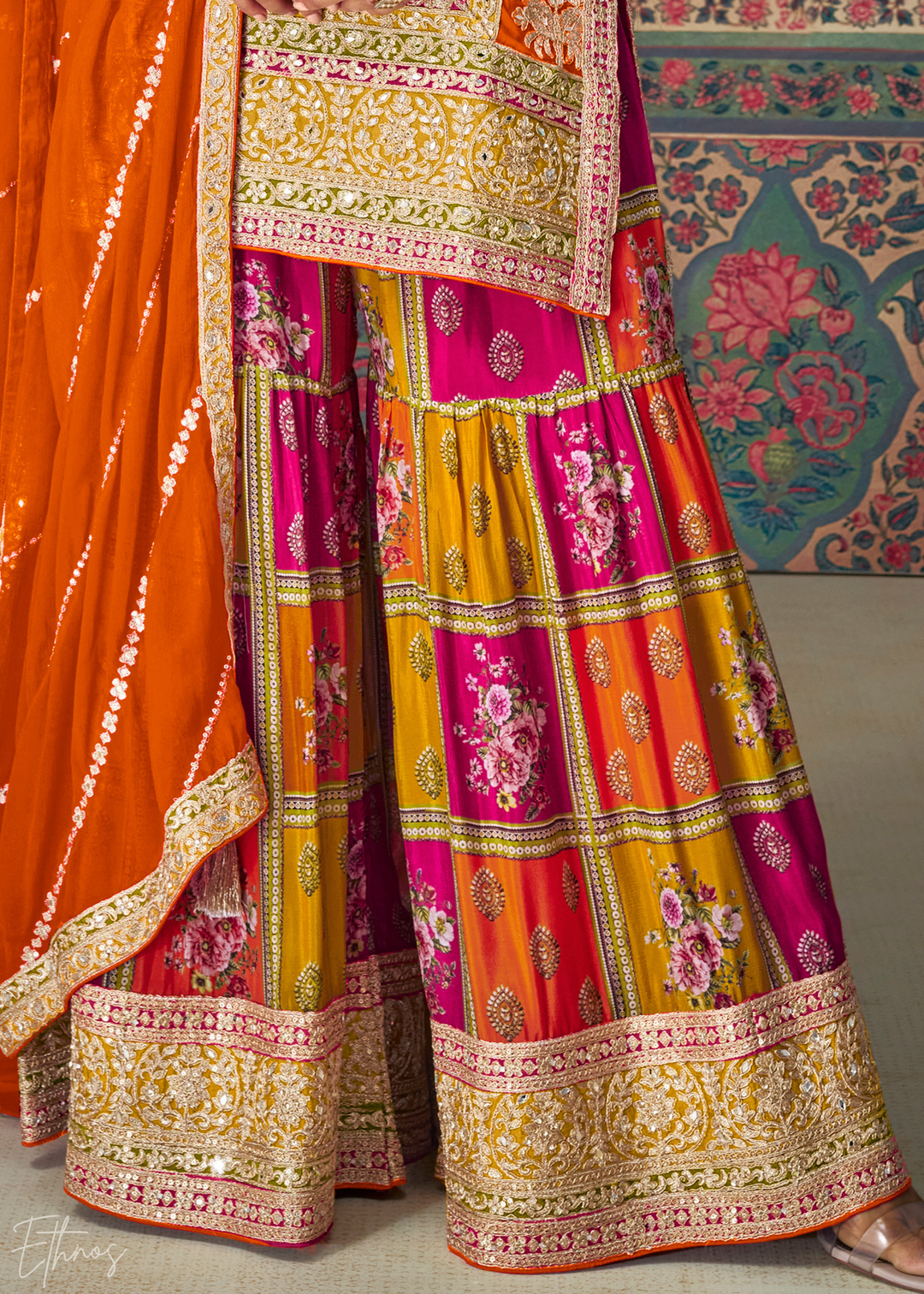 Multi-Colored Fuchsia Embroidered Chinon Sharara Suit