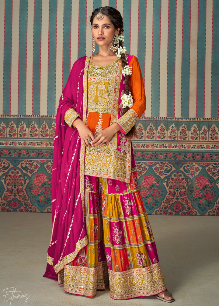 Multi-Colored Orange Embroidered Chinon Sharara Suit: Top Pick