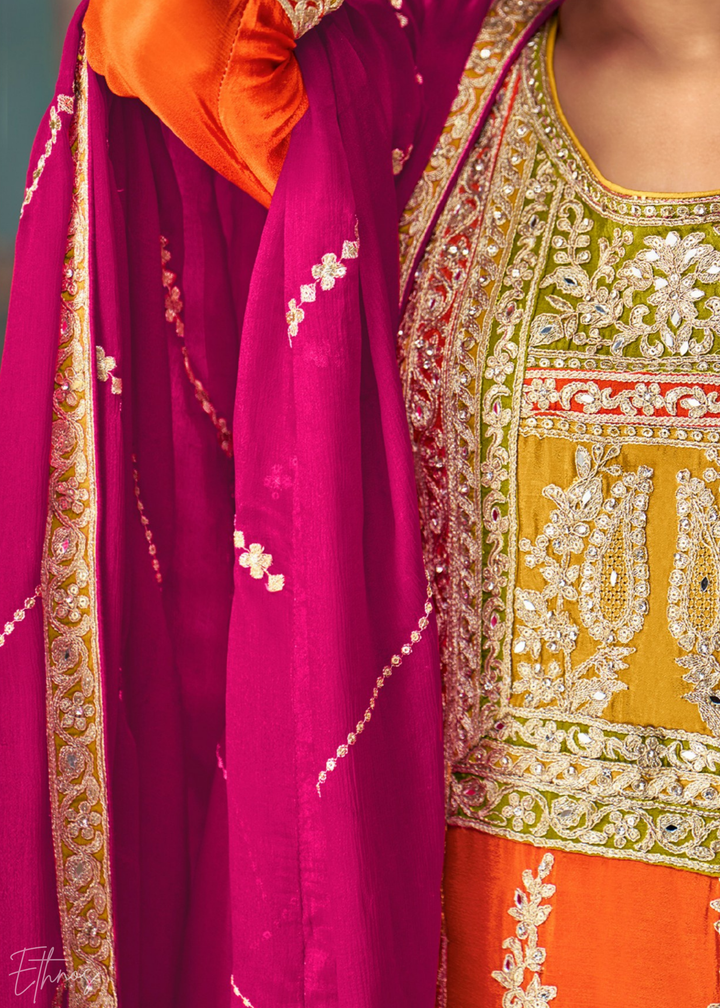 Multi-Colored Orange Embroidered Chinon Sharara Suit: Top Pick