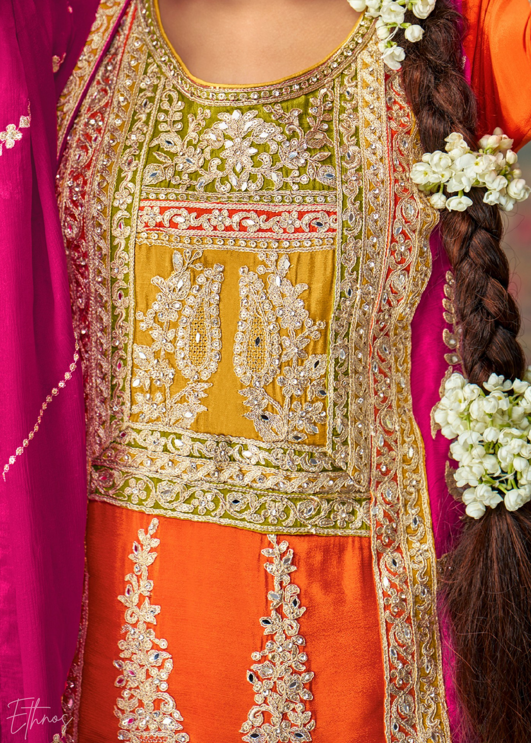 Multi-Colored Orange Embroidered Chinon Sharara Suit: Top Pick