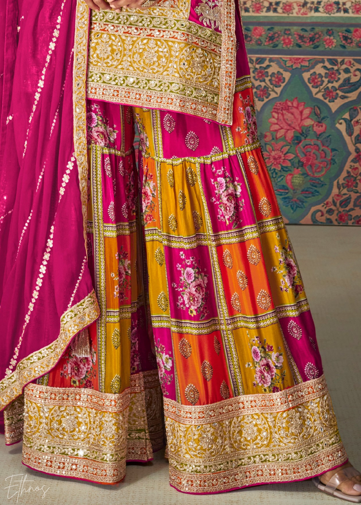 Multi-Colored Orange Embroidered Chinon Sharara Suit: Top Pick