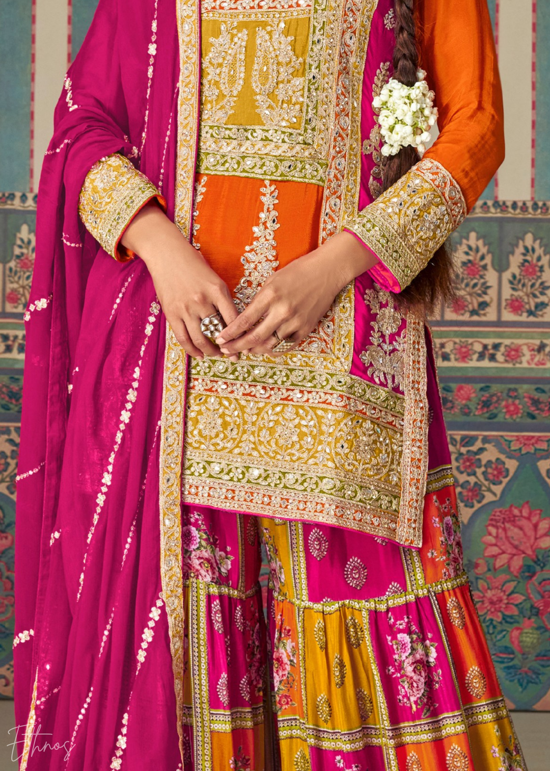 Multi-Colored Orange Embroidered Chinon Sharara Suit: Top Pick