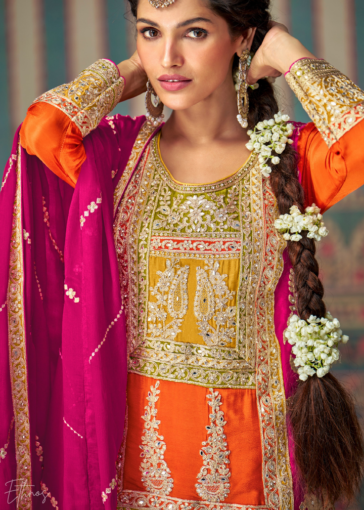Multi-Colored Orange Embroidered Chinon Sharara Suit: Top Pick
