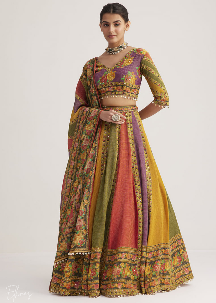 Multi-Color Panel-Printed Organza Silk Lehenga Set