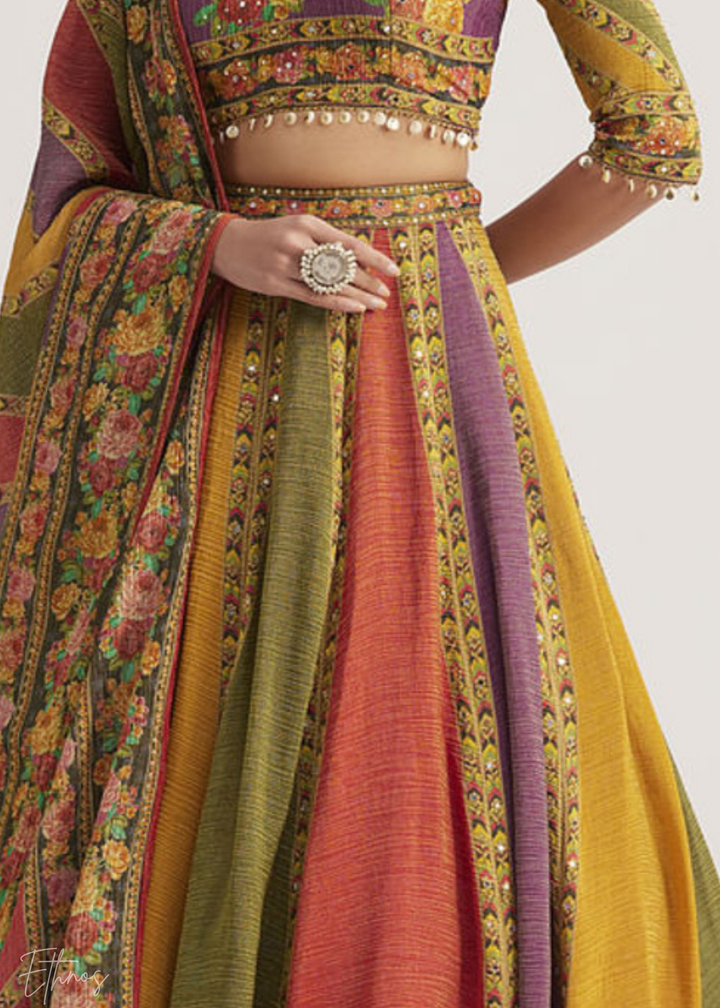 Multi-Color Panel-Printed Organza Silk Lehenga Set