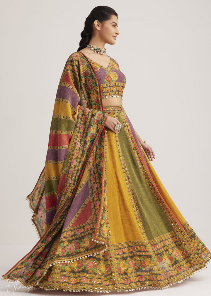 Multi-Color Panel-Printed Organza Silk Lehenga Set